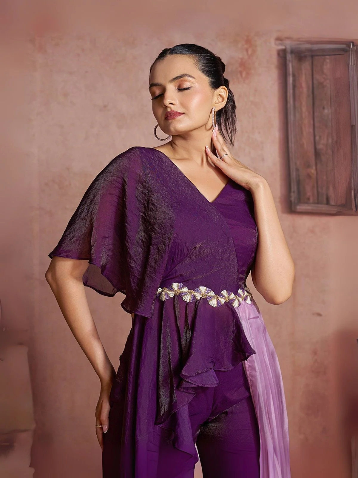 Odette Purple Cotton Blend Embellished Co-ord Set For Women - Image 6