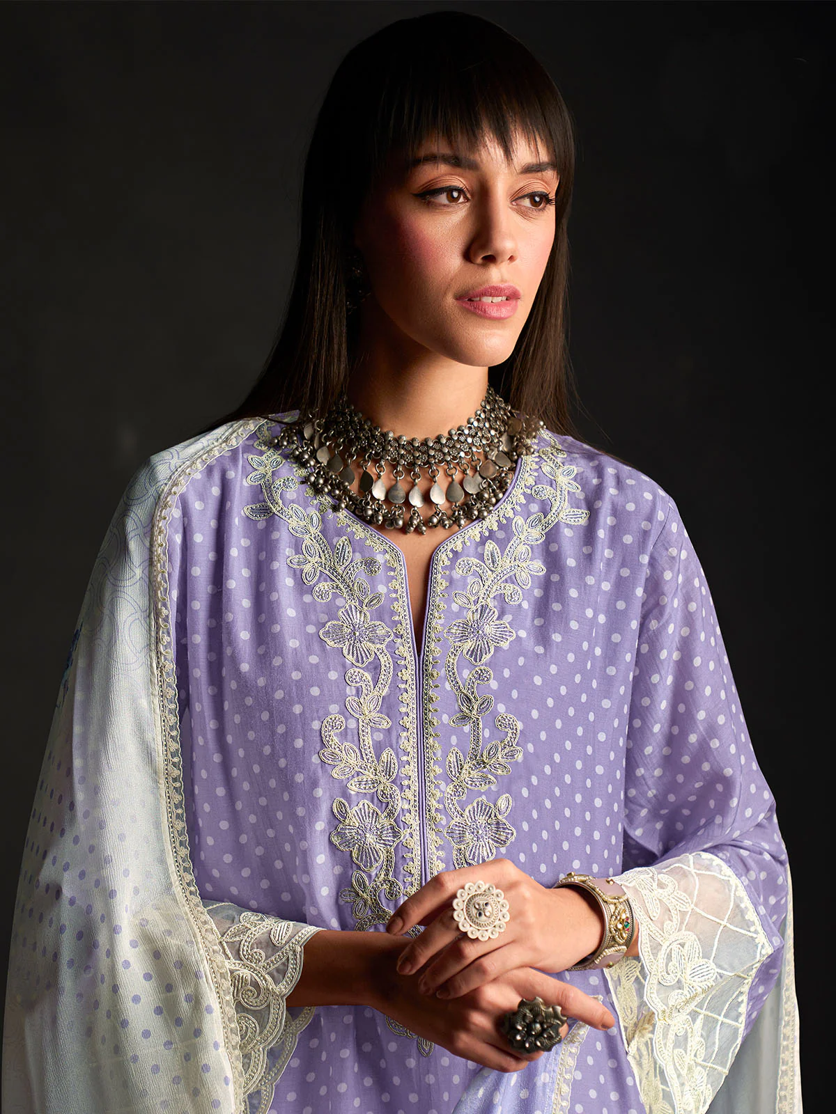 Odette Purple Cotton Blend  Embroidered Semi-Stitched Kurta Set For Women - Image 4