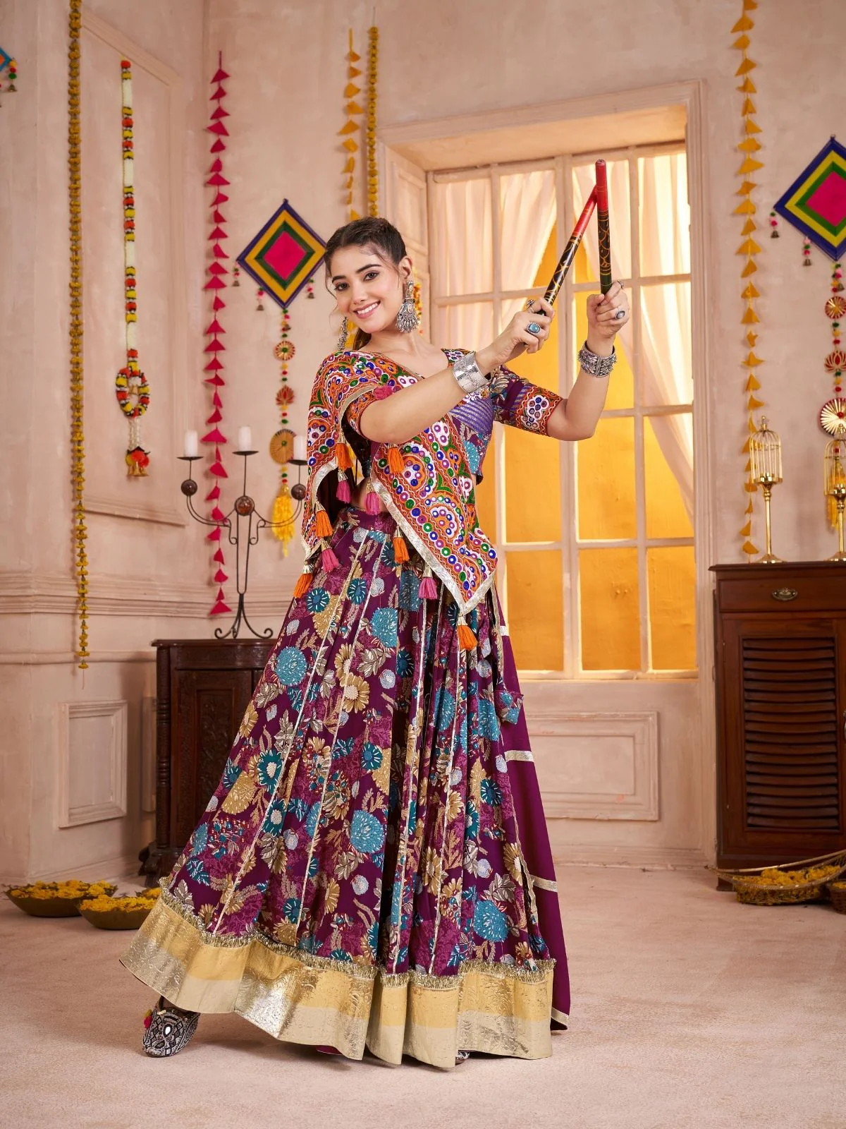 Odette Purple Cotton Blend Embroidered  Semi-Stitched Lehenga For Women - Image 3