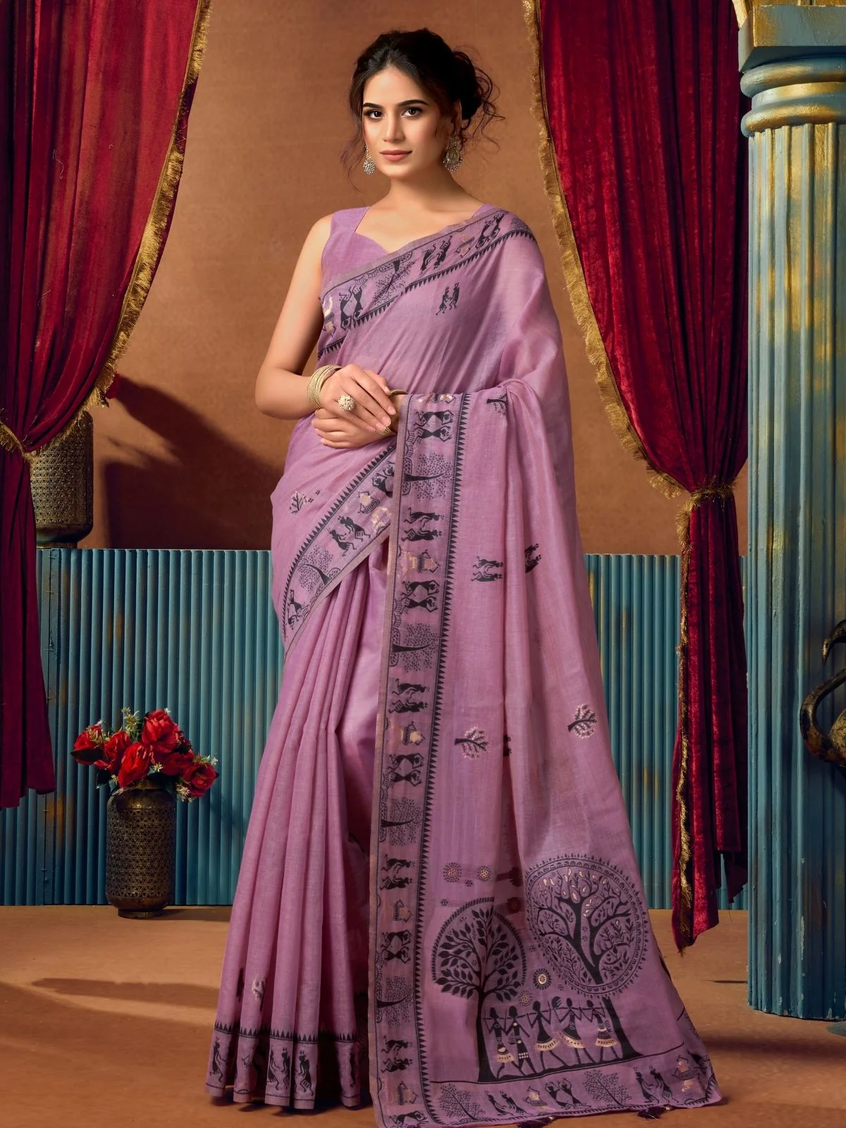 Odette Purple Cotton Blend Printed Saree For Women