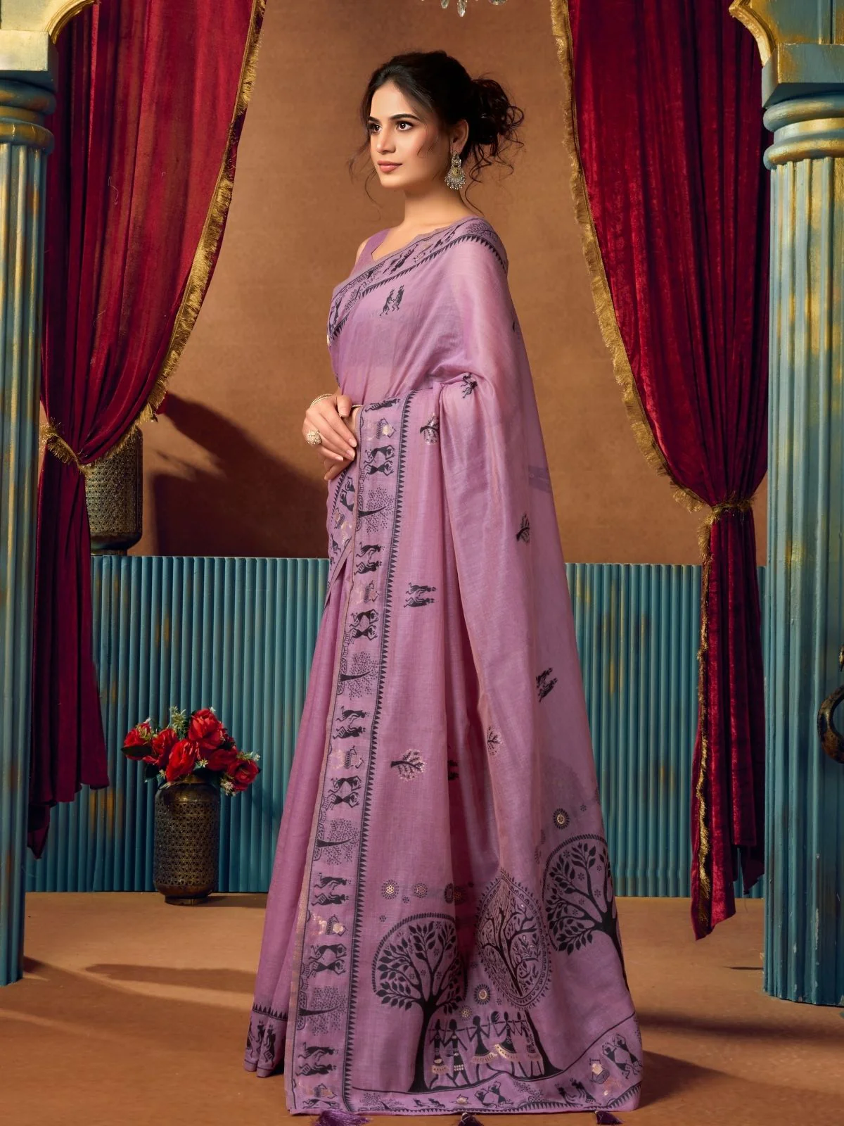 Odette Purple Cotton Blend Printed Saree For Women - Image 2