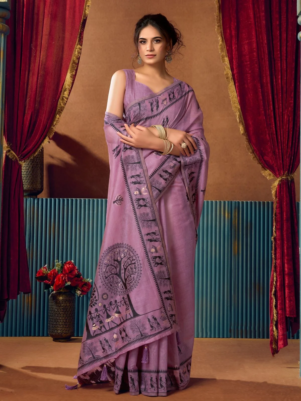 Odette Purple Cotton Blend Printed Saree For Women - Image 3