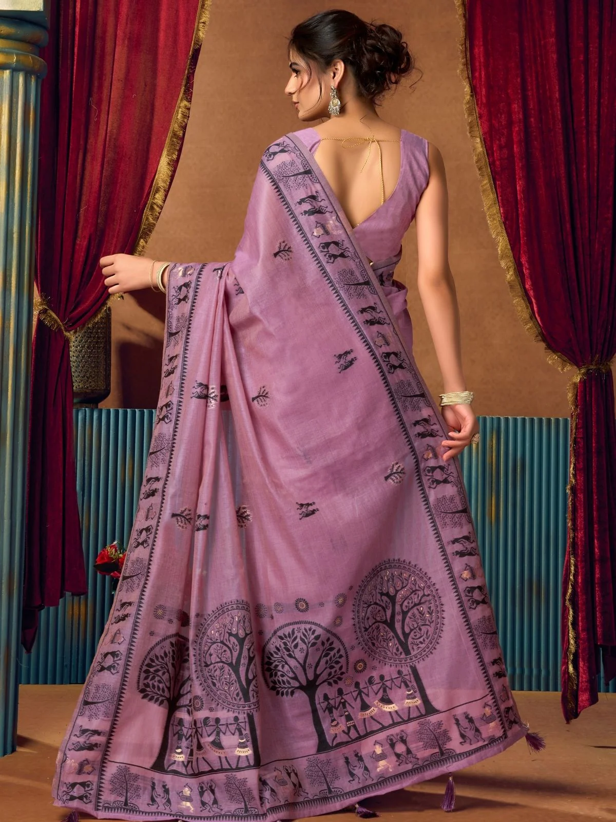 Odette Purple Cotton Blend Printed Saree For Women - Image 4
