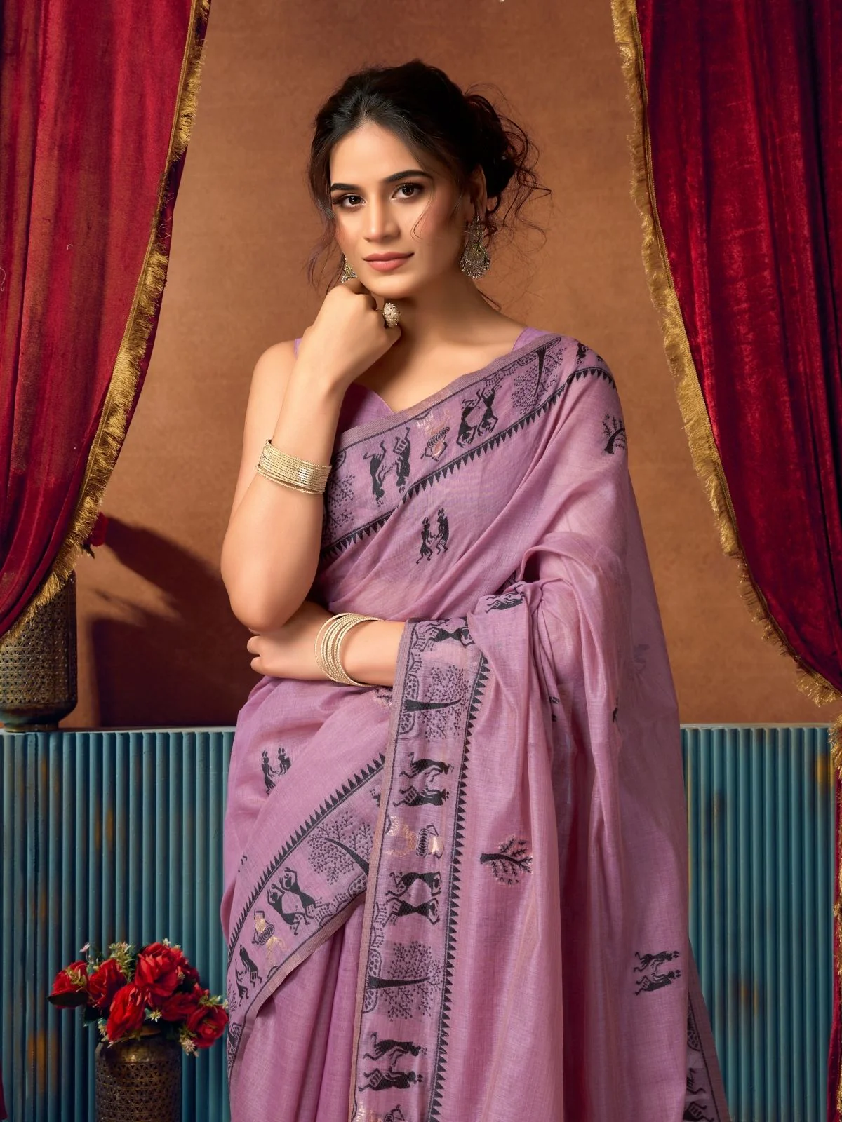 Odette Purple Cotton Blend Printed Saree For Women - Image 5