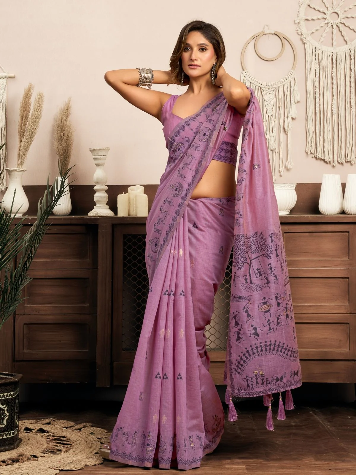Odette Purple Cotton Blend Printed Saree For Women - Image 3