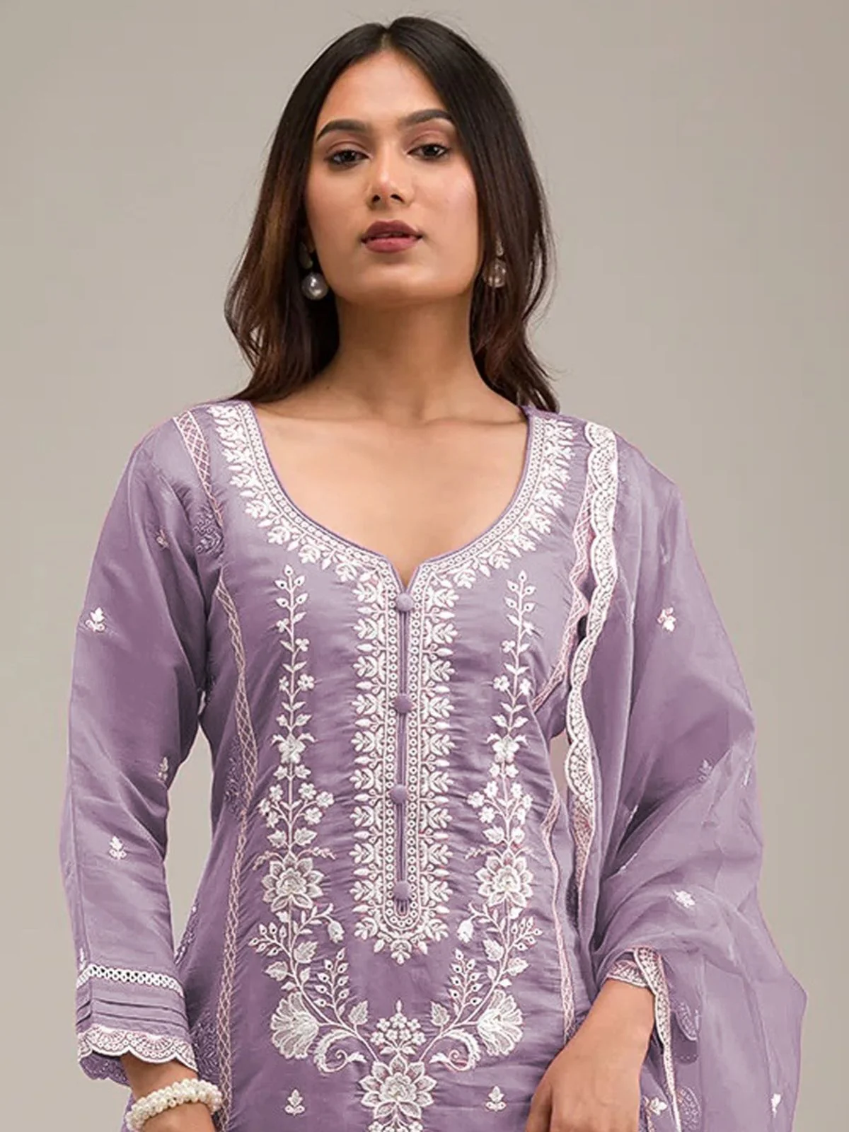Odette Purple Cotton Blend Embroidered Semi-Stitched Kurta Set For Women - Image 2