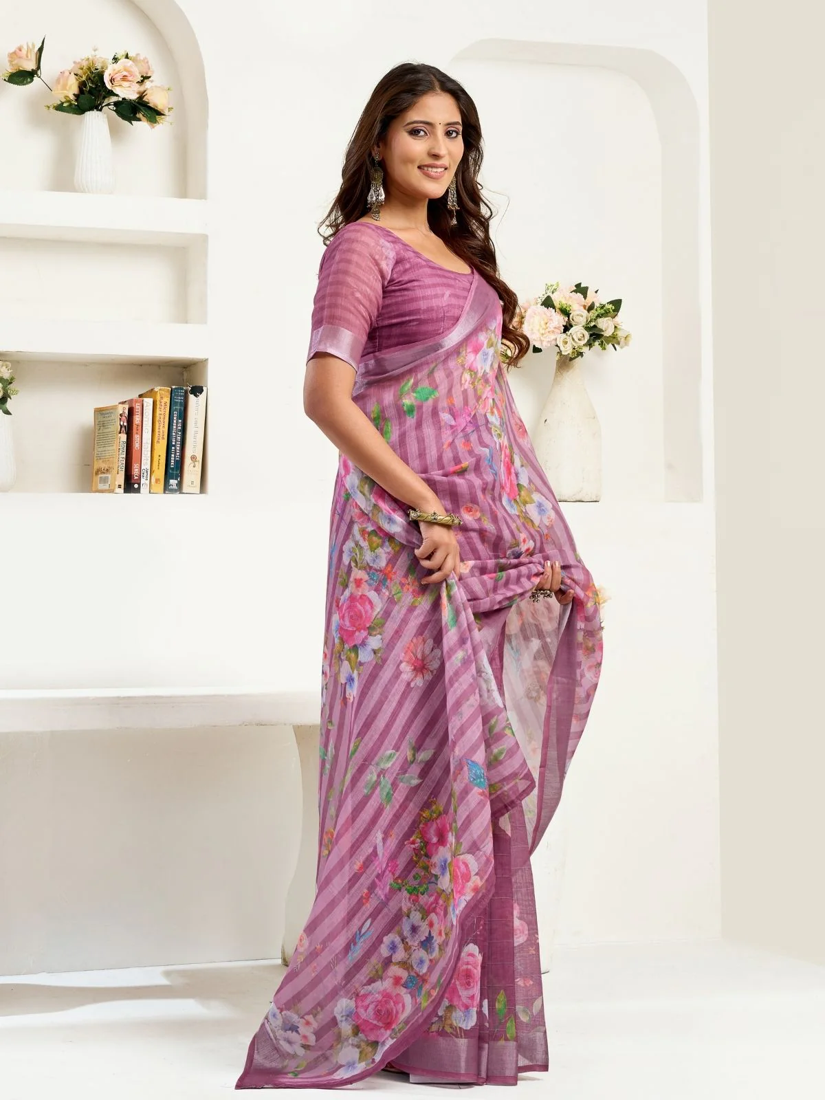 Odette Purple Cotton Linen Zari Work Saree For Women - Image 2
