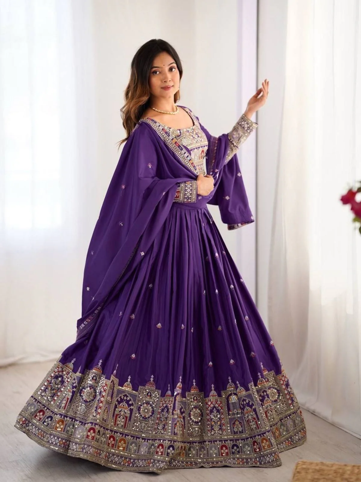 Odette Purple Crepe Embellished Semi Stitched Lehenga For Women - Image 2