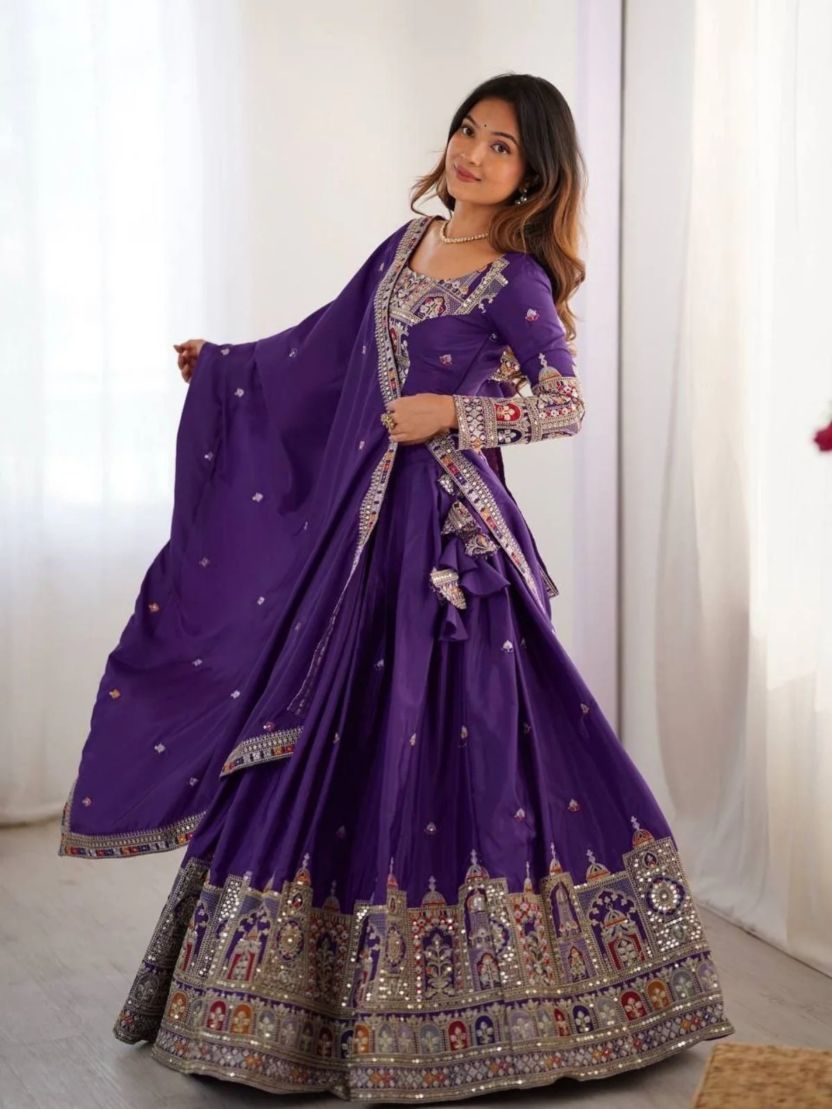 Odette Purple Crepe Embellished Semi Stitched Lehenga For Women - Image 3
