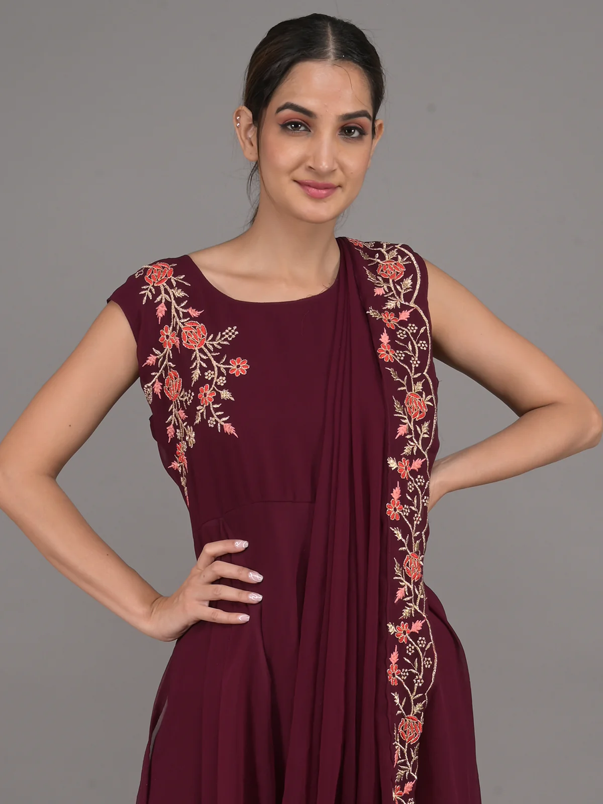 Odette Purple Crepe Embroidered Stitched Indo-Western Dress For Women - Image 4