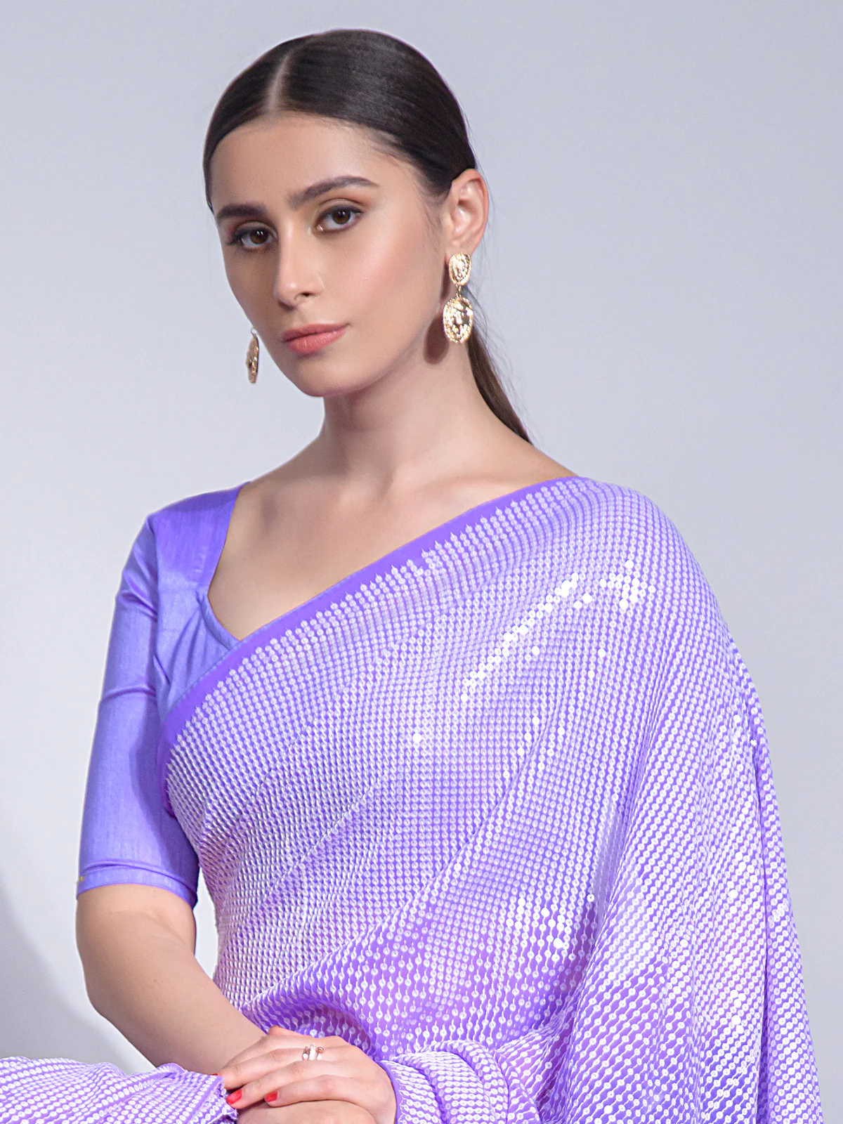 Odette Purple Embellished Georgette Saree With Unstitched Blouse For Women - Image 4