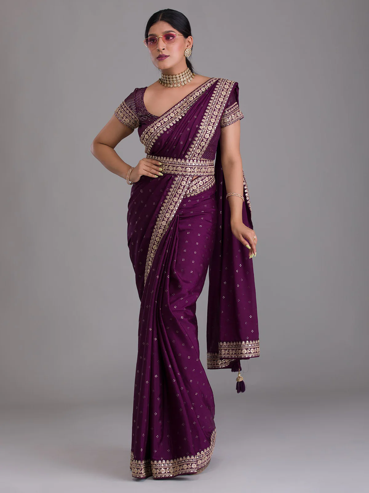 Odette Purple Embroidered Art Silk Saree With Unstitched Blouse For Women - Image 2