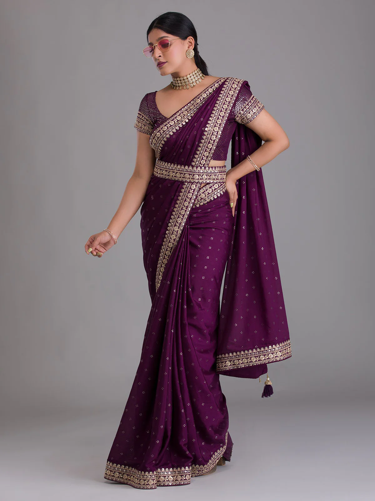 Odette Purple Embroidered Art Silk Saree With Unstitched Blouse For Women - Image 3