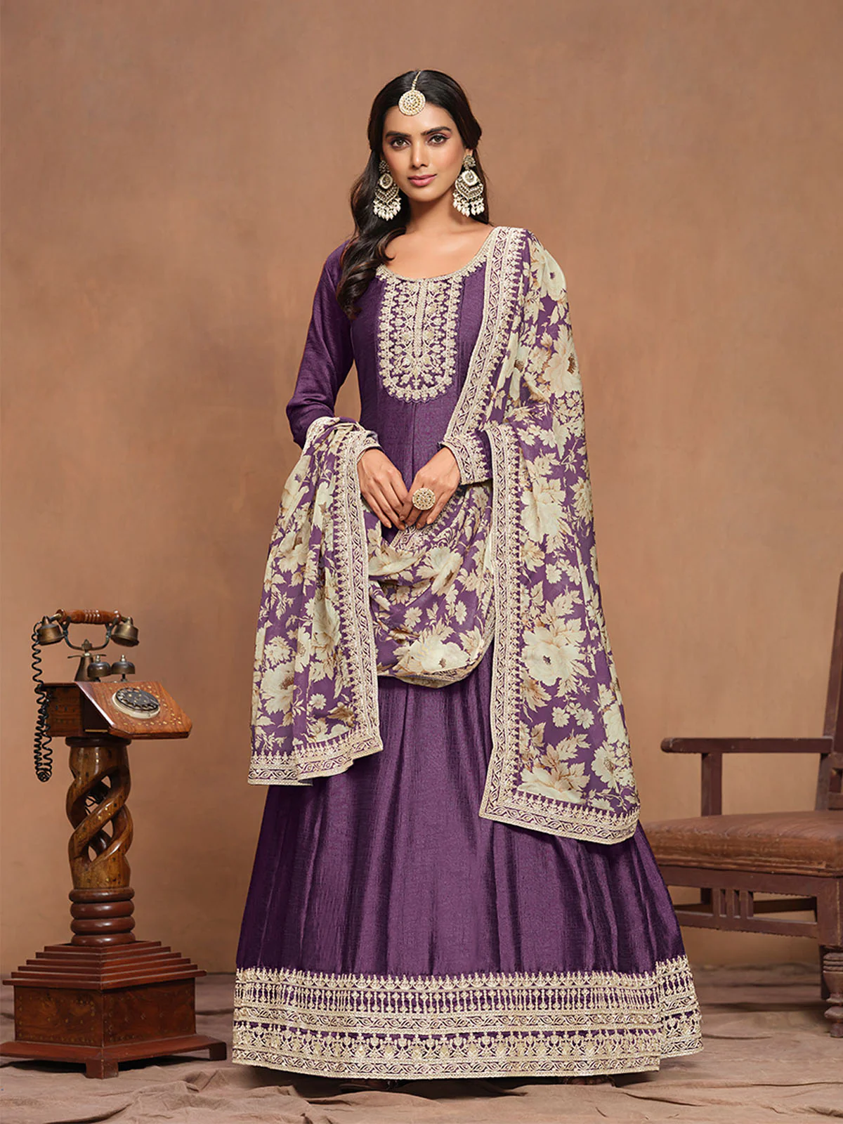 Odette Purple Embroidered Art Silk Semi Stitched Gown With Dupatta For Women - Image 2