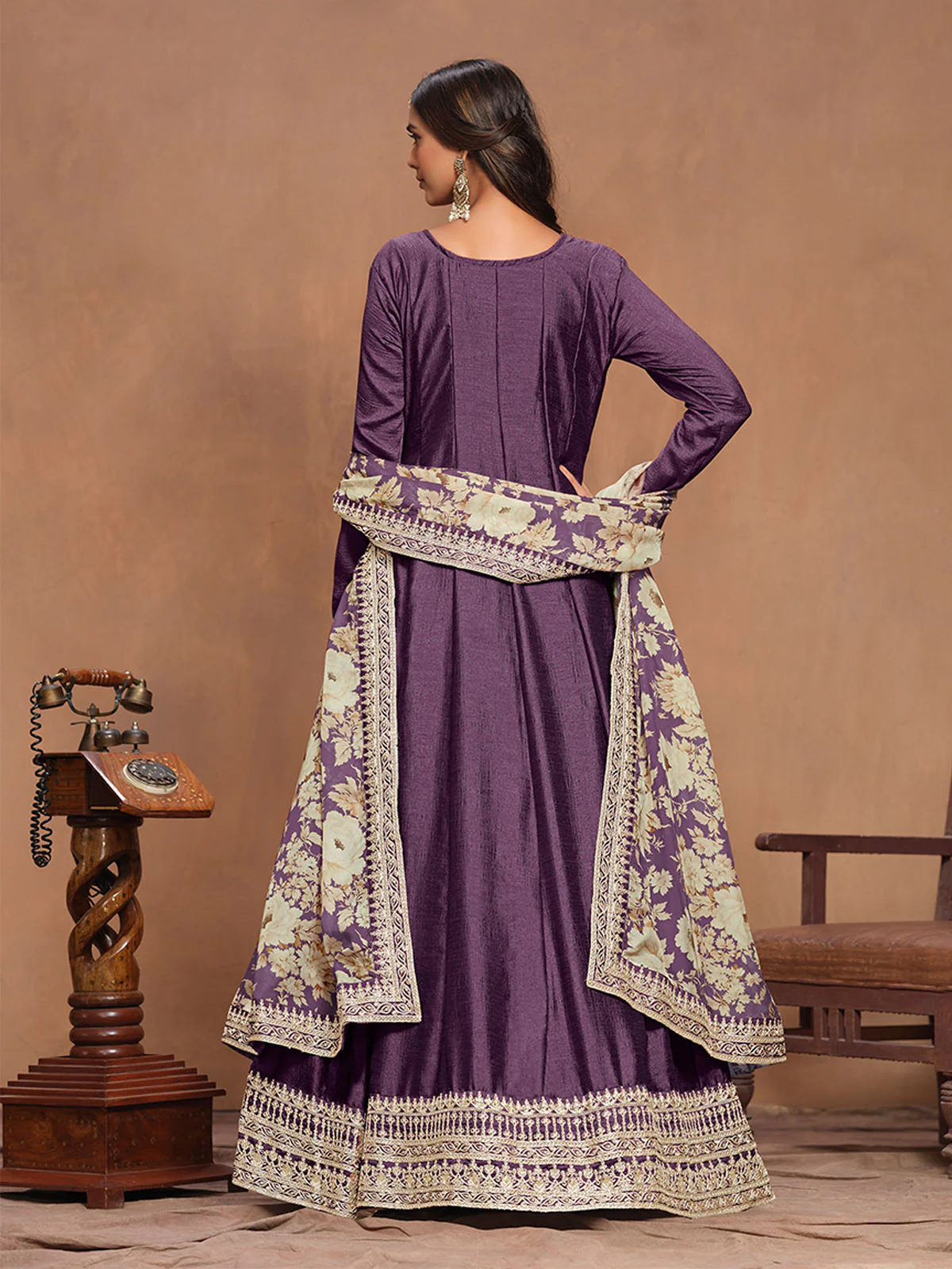 Odette Purple Embroidered Art Silk Semi Stitched Gown With Dupatta For Women - Image 4