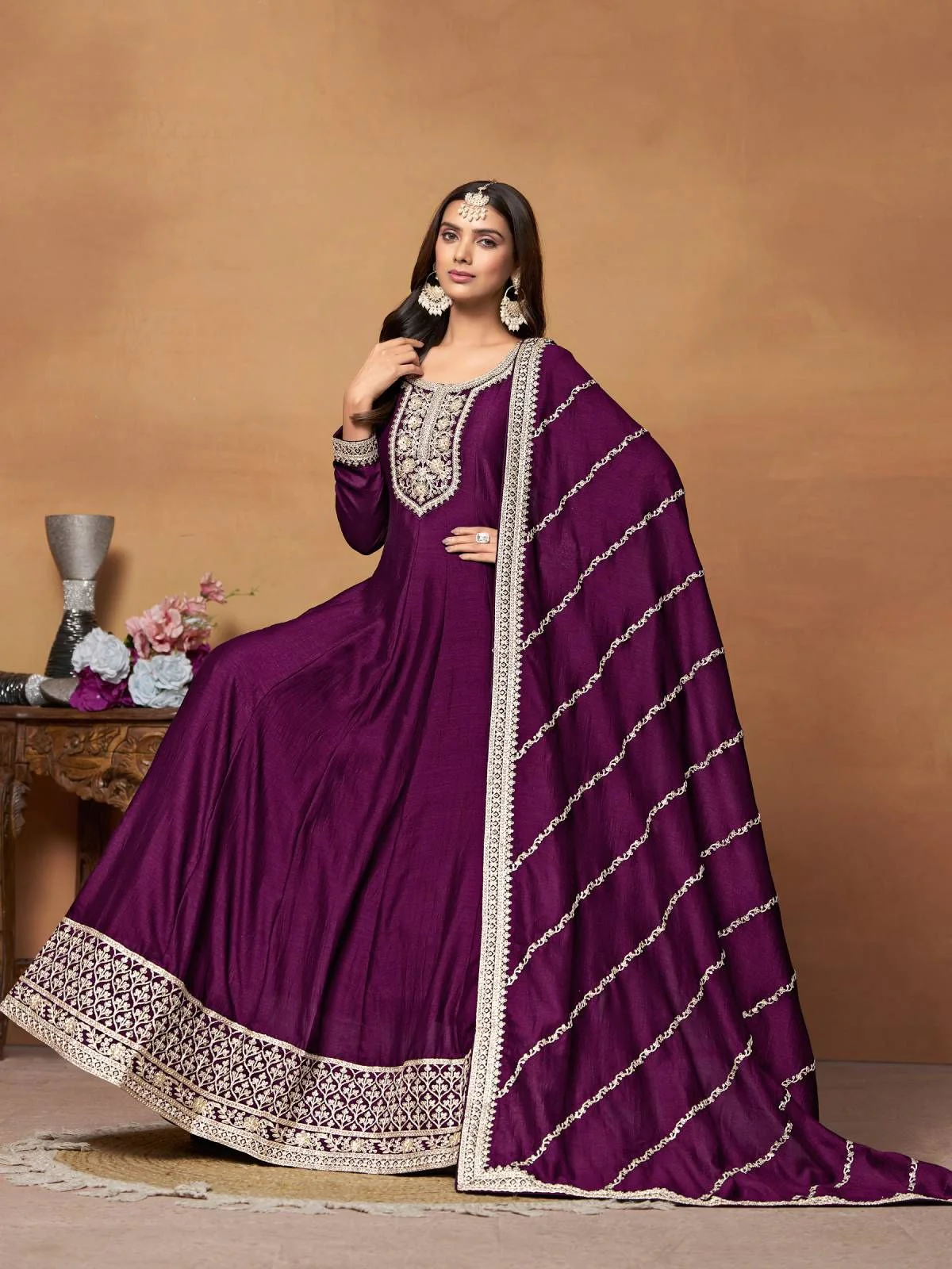Odette Purple Embroidered Art Silk Unstitched Gown For Women - Image 3