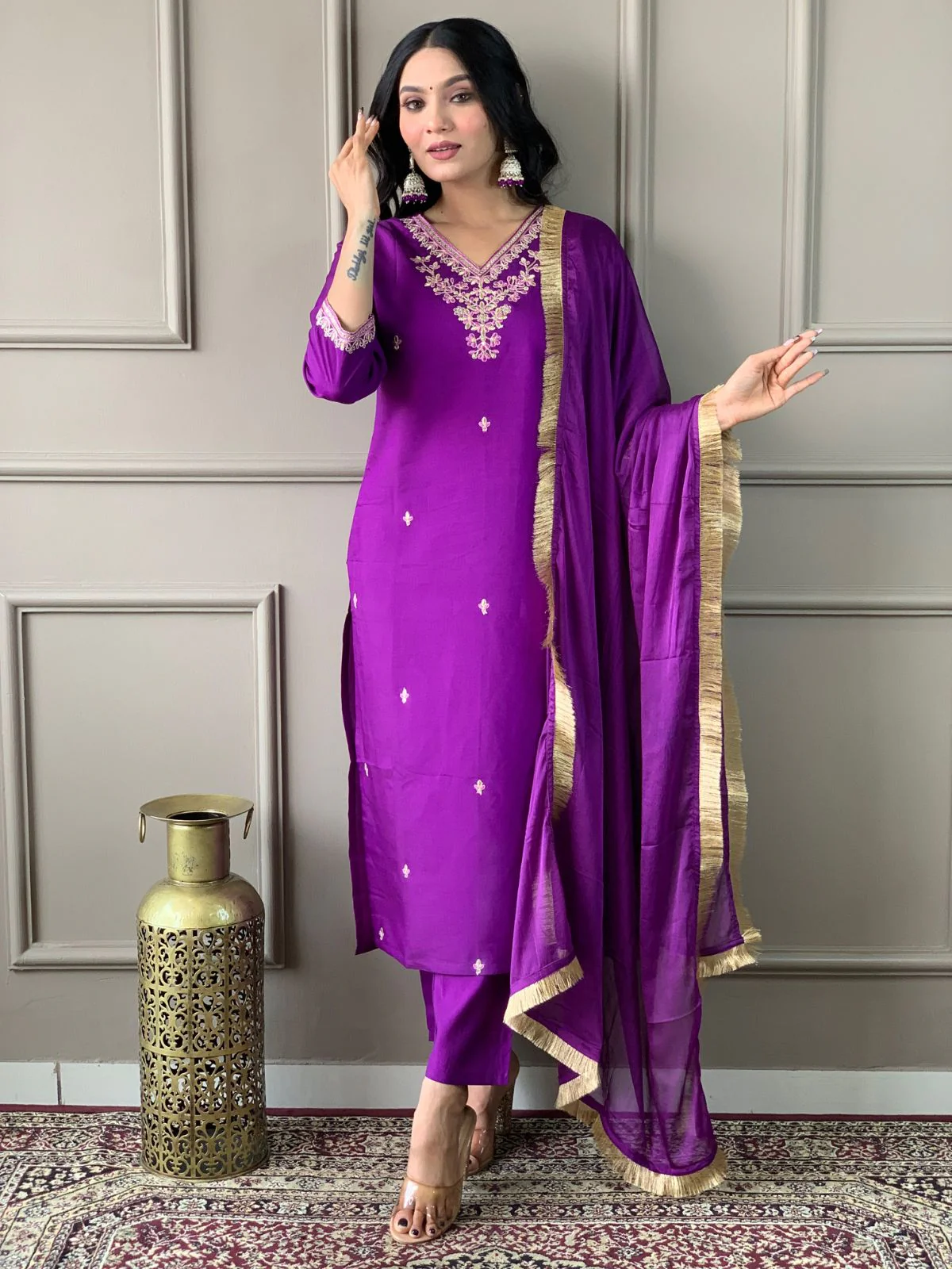Odette Purple Embroidered Chanderi Stitched Kurta Set For Women - Image 2