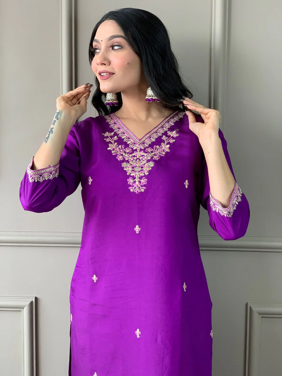 Odette Purple Embroidered Chanderi Stitched Kurta Set For Women - Image 3