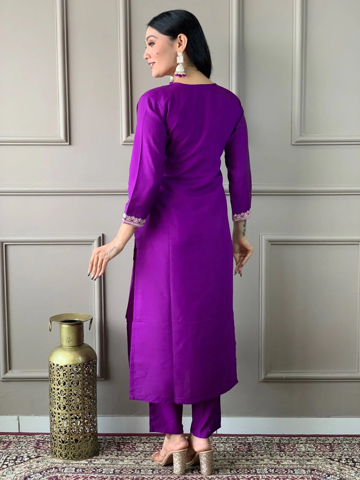 Odette Purple Embroidered Chanderi Stitched Kurta Set For Women - Image 4