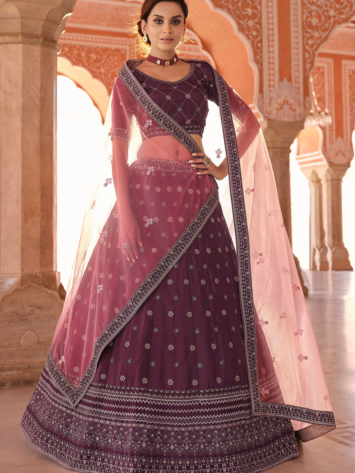 Odette Purple Embroidered Crepe Semi Stitched Lehenga With Blouse For Women