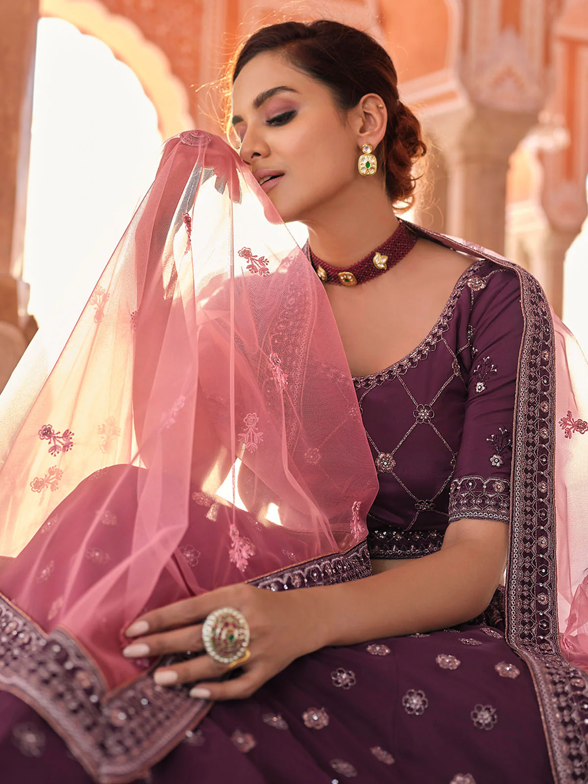 Odette Purple Embroidered Crepe Semi Stitched Lehenga With Blouse For Women - Image 3