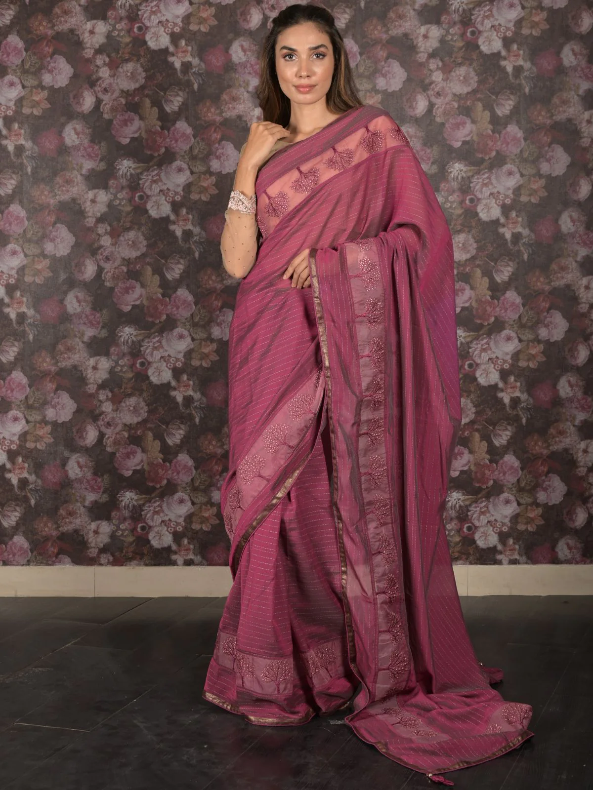 Odette Purple Embroidered Georgette Saree with Unstitched Blouse for Women - Image 2