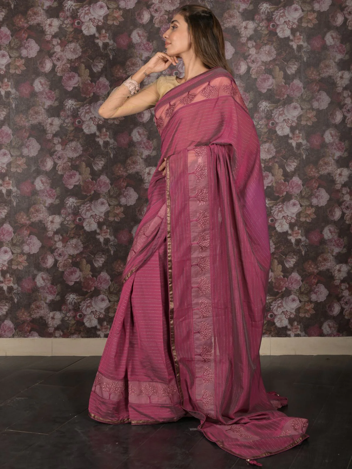 Odette Purple Embroidered Georgette Saree with Unstitched Blouse for Women - Image 3