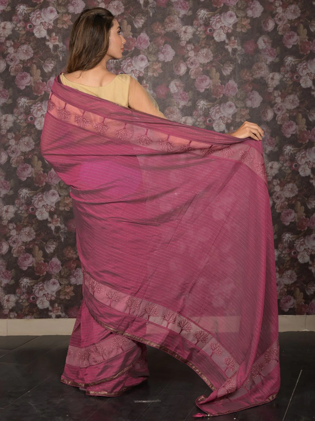 Odette Purple Embroidered Georgette Saree with Unstitched Blouse for Women - Image 4