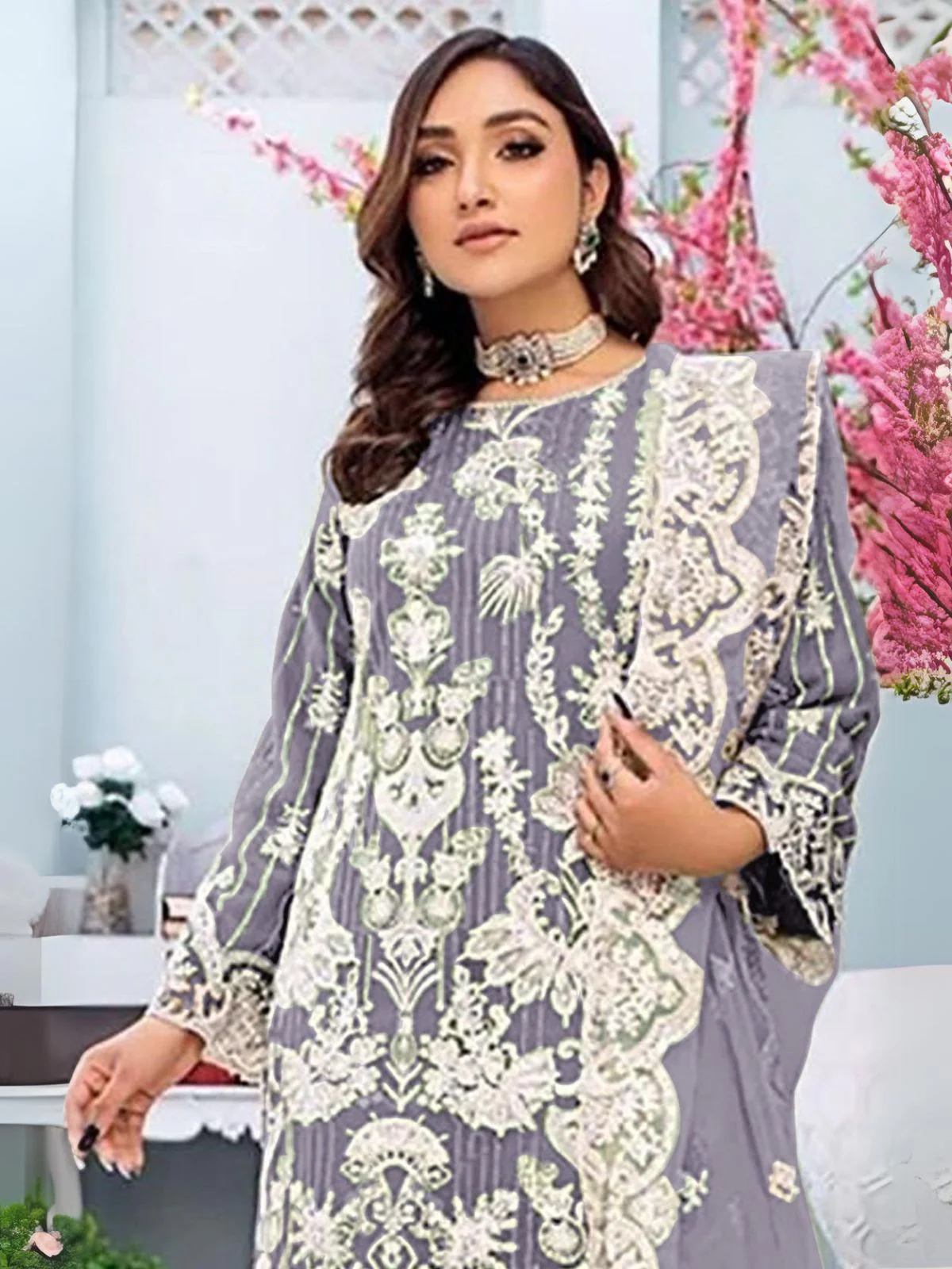 Odette Purple Embroidered Georgette Semi Stitched Kurta Set For Women - Image 2
