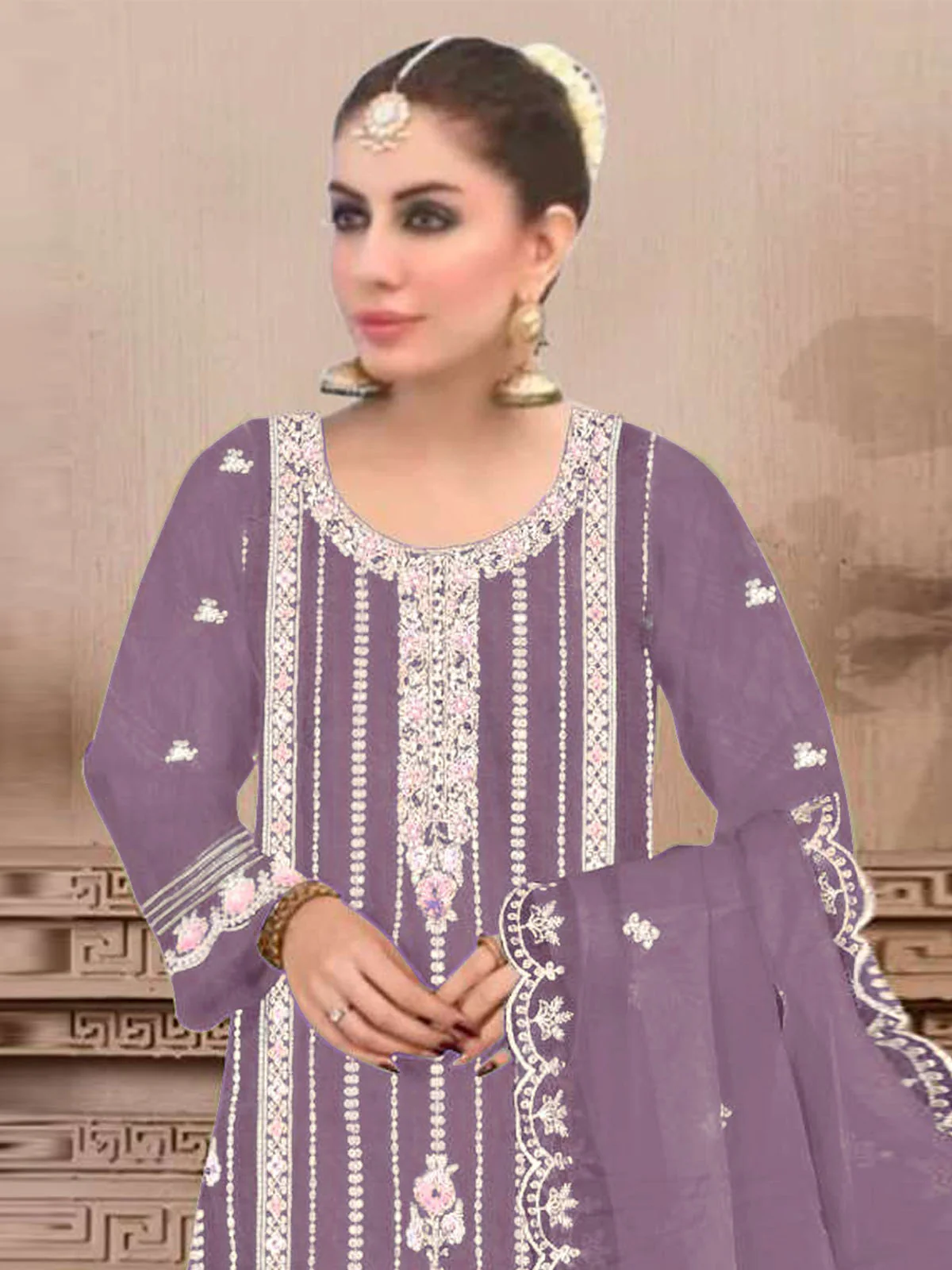 Odette Purple Embroidered Georgette Semi Stitched Kurta Set With Dupatta For Women - Image 2