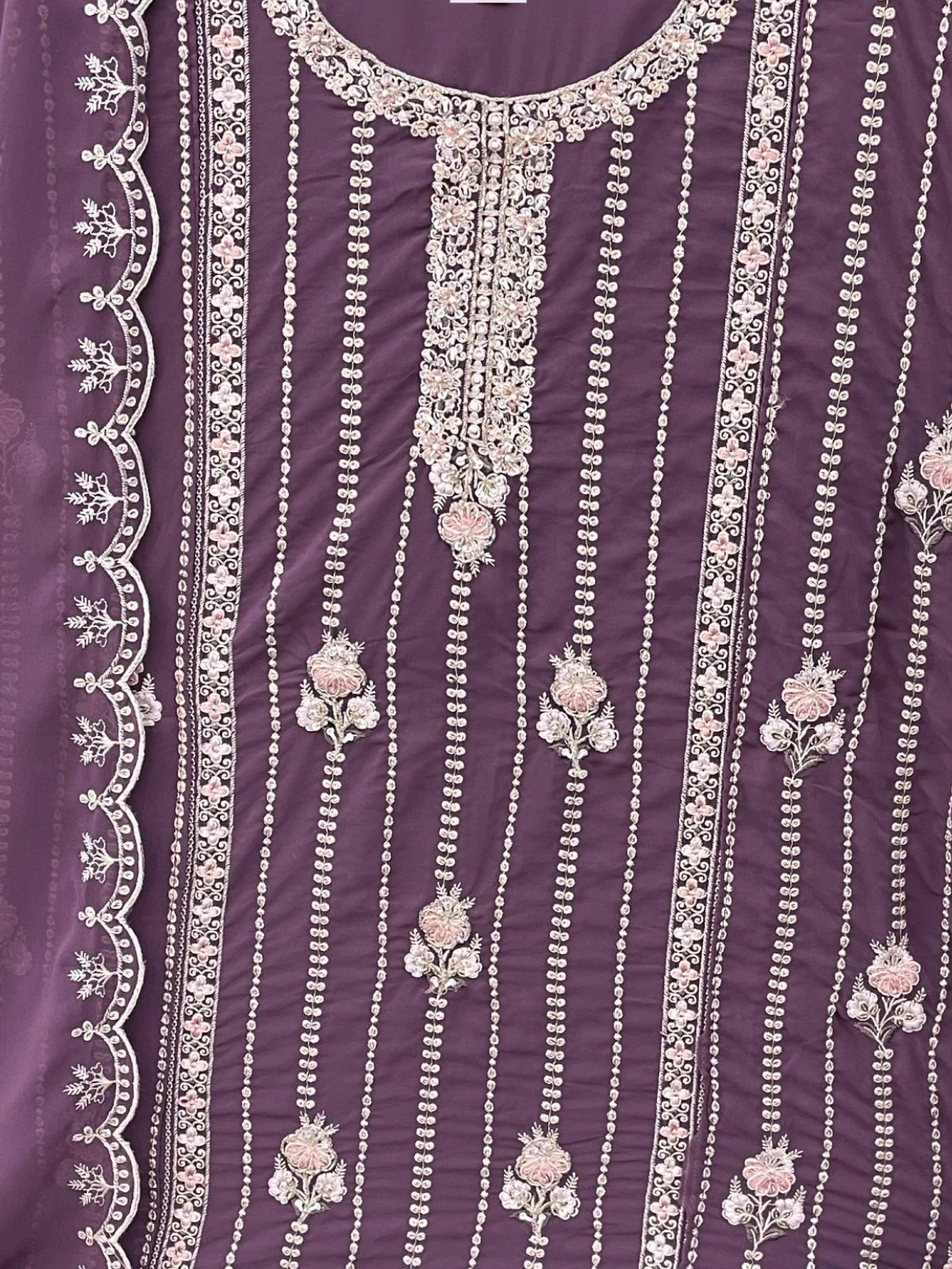 Odette Purple Embroidered Georgette Semi Stitched Kurta Set With Dupatta For Women - Image 3
