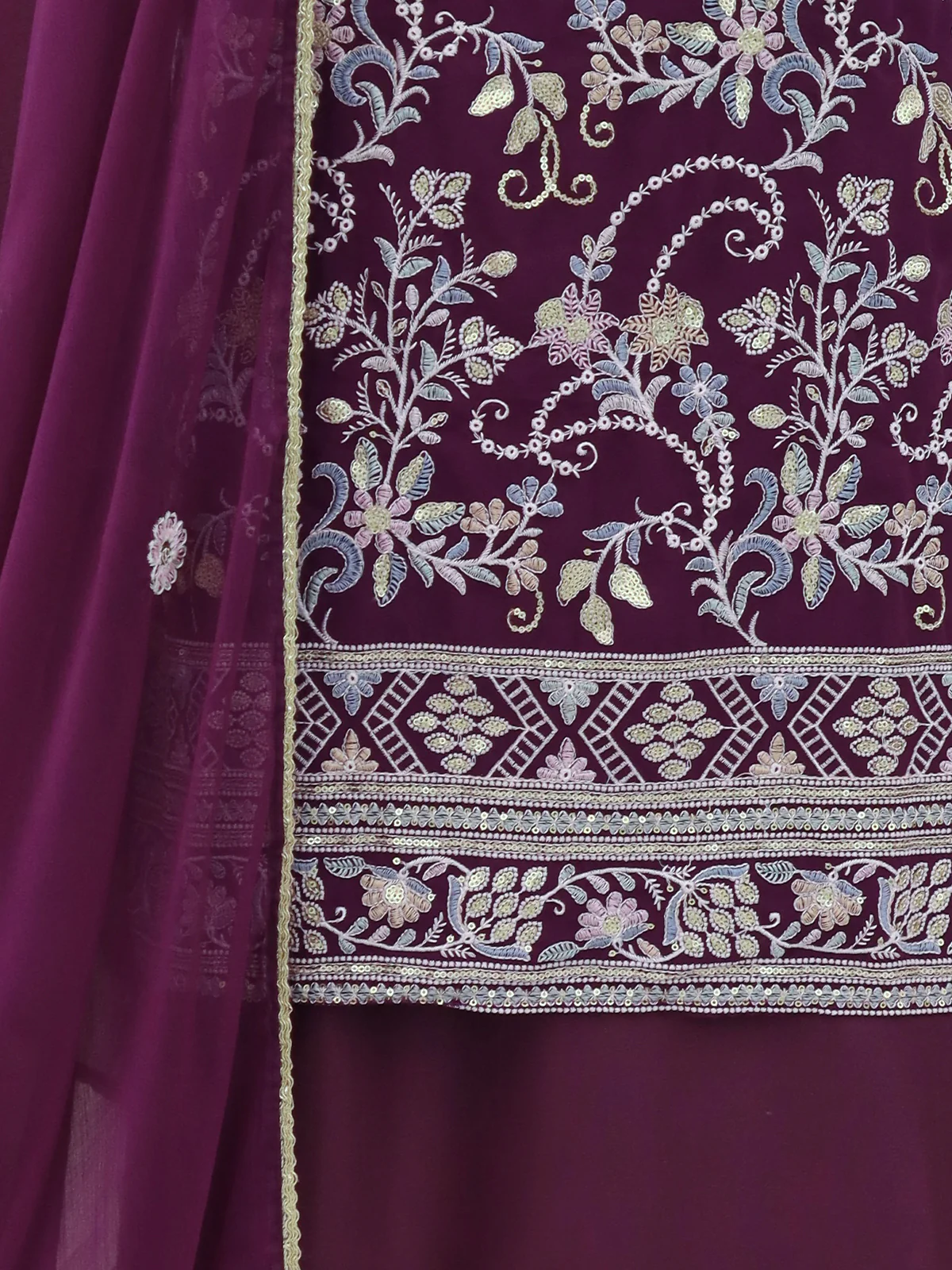Odette Purple Embroidered Georgette Semi Stitched Salwar Suit For Women - Image 3