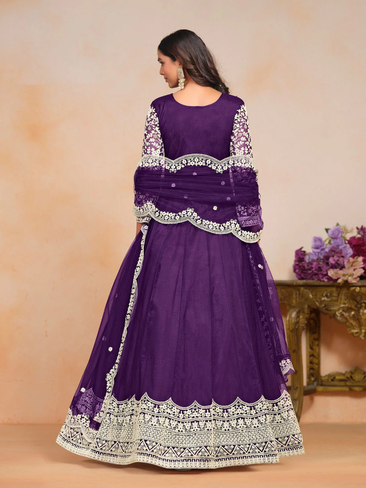 Odette Purple Embroidered Net Semi Stitched Gown With Dupatta For Women - Image 3