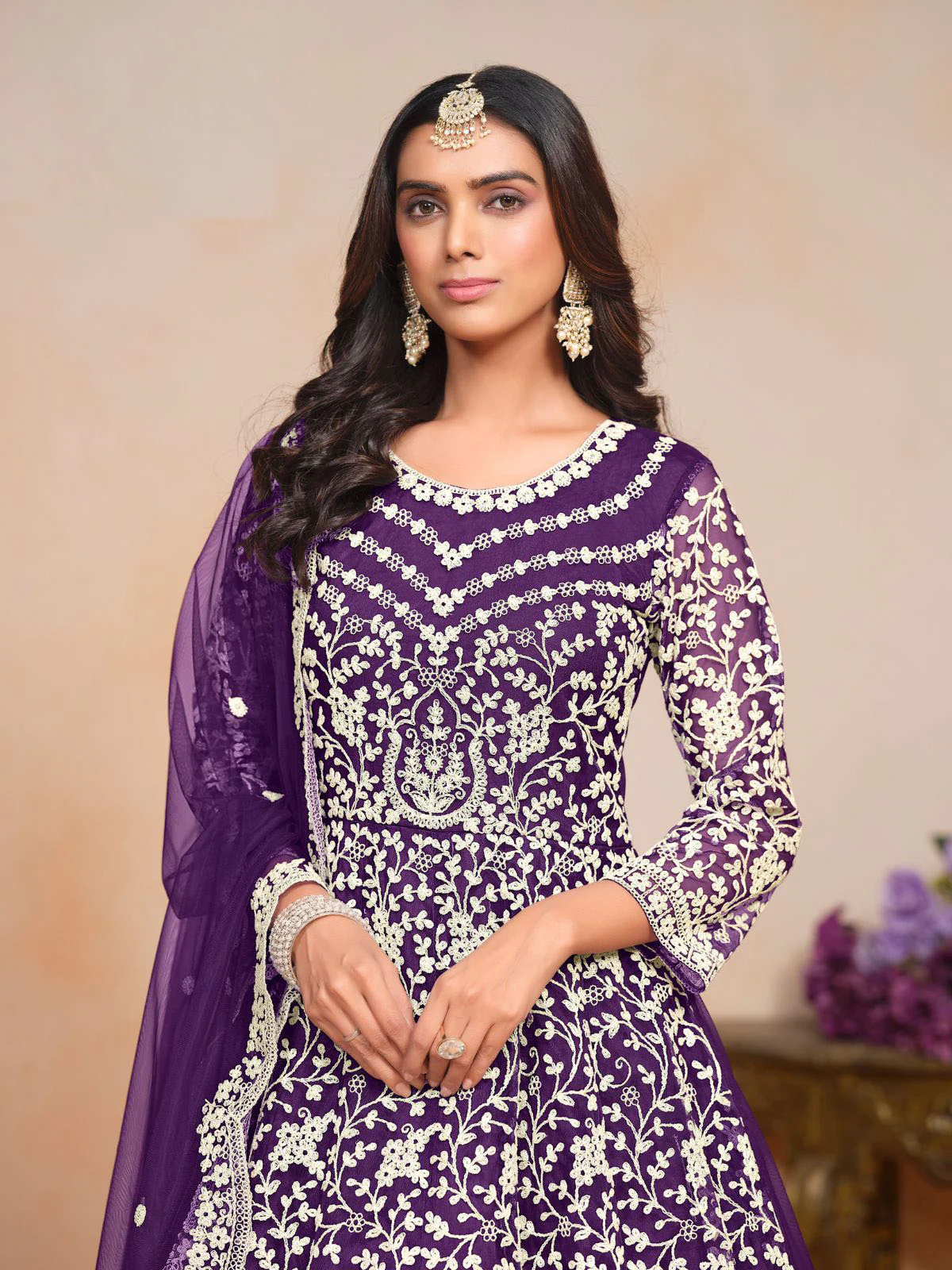 Odette Purple Embroidered Net Semi Stitched Gown With Dupatta For Women - Image 4