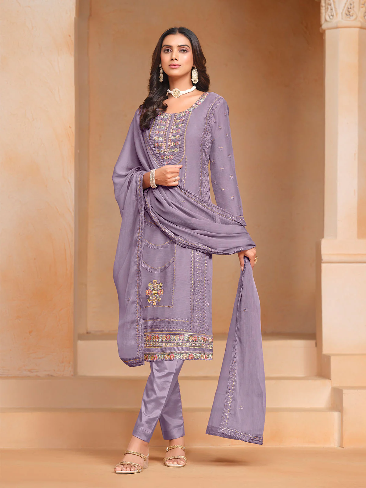 Odette Purple Embroidered Organza Semi Stitched Kurta Set With Dupatta For Women - Image 2