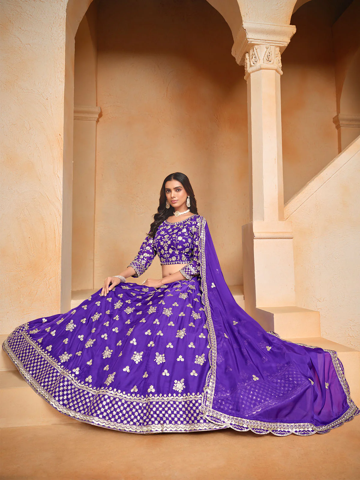 Odette Purple Embroidered Organza Semi Stitched Lehenga With Unstitched Blouse For Women - Image 2