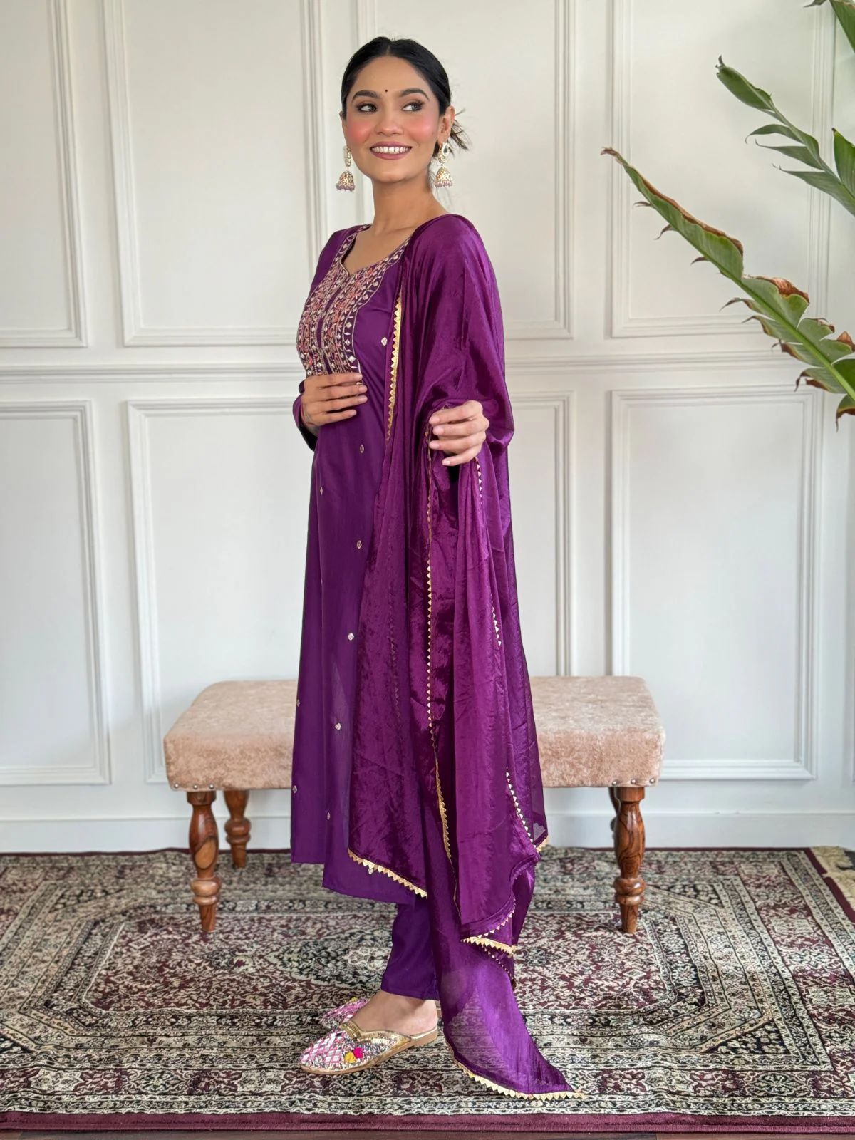 Odette Purple Embroidered Rayon Stitched Kurta Salwar Set For Women - Image 3