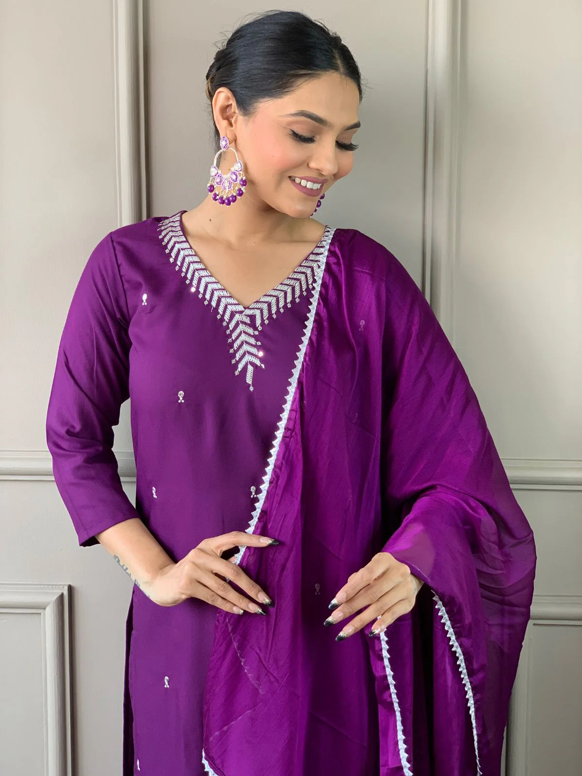 Odette Purple Embroidered Rayon Stitched Kurta Set For Women - Image 3