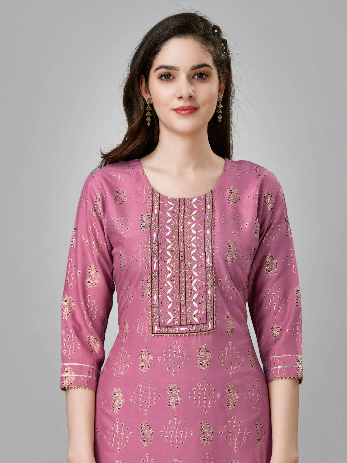 Odette Purple Embroidered Rayon Stitched Kurta Set For Women - Image 3