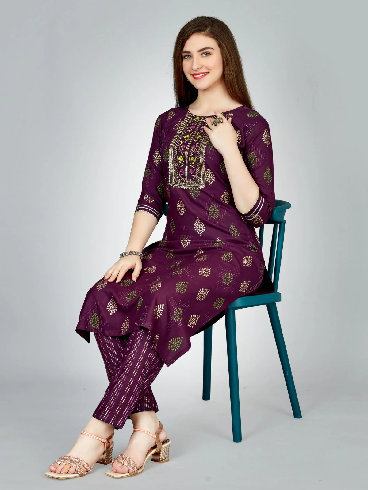Odette Purple Embroidered Rayon Stitched Kurta Set For Women - Image 2