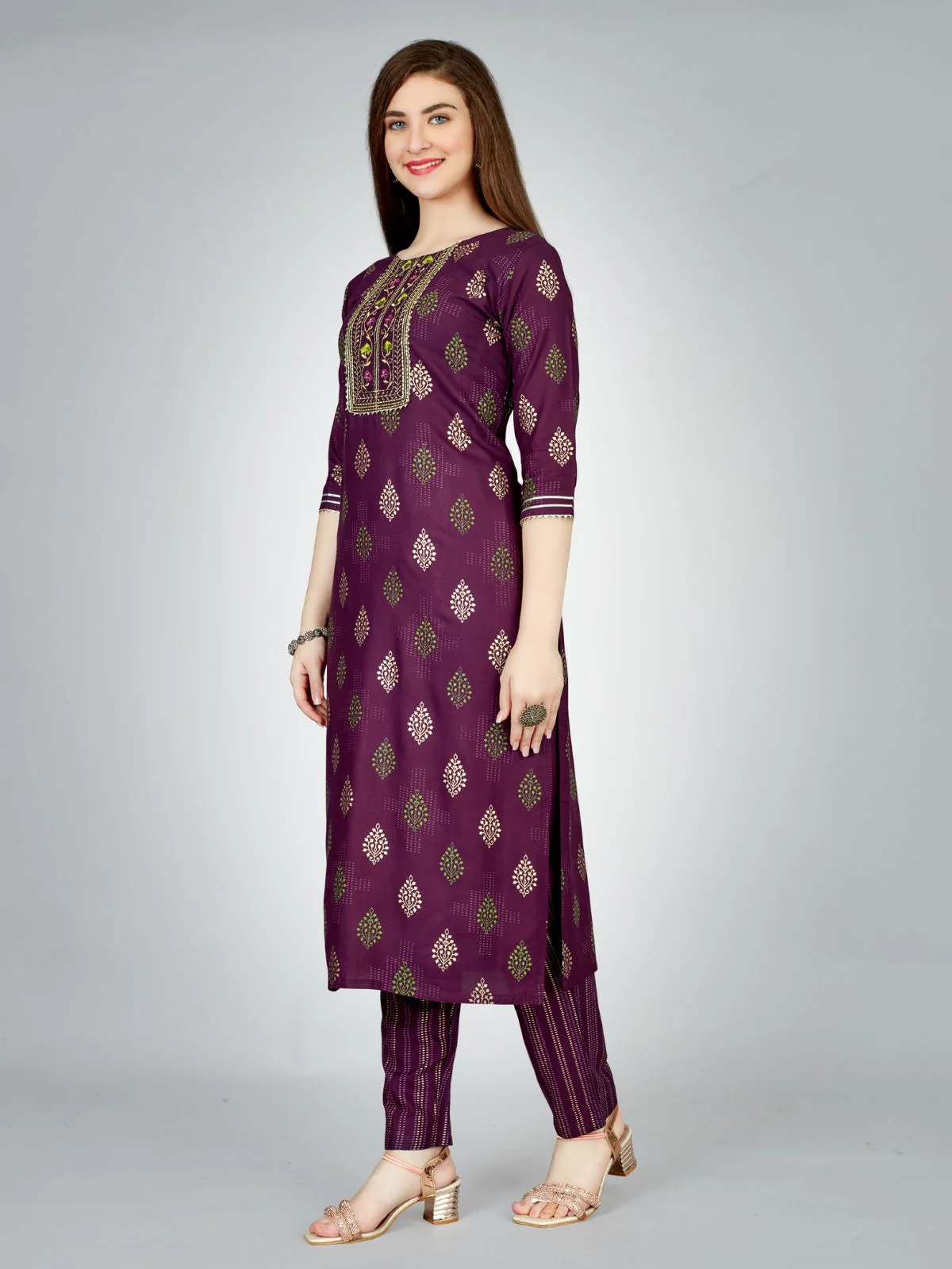 Odette Purple Embroidered Rayon Stitched Kurta Set For Women - Image 3