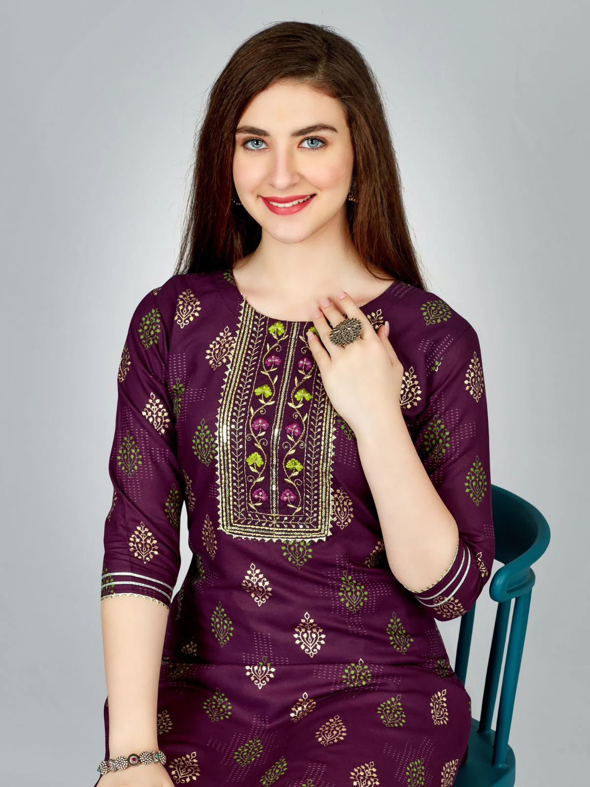 Odette Purple Embroidered Rayon Stitched Kurta Set For Women - Image 4