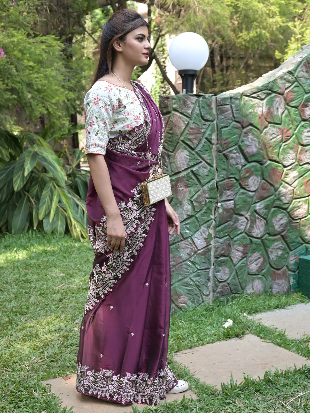 Odette Purple Embroidered Satin Georgette Saree with Unstitched Blouse for Women - Image 2