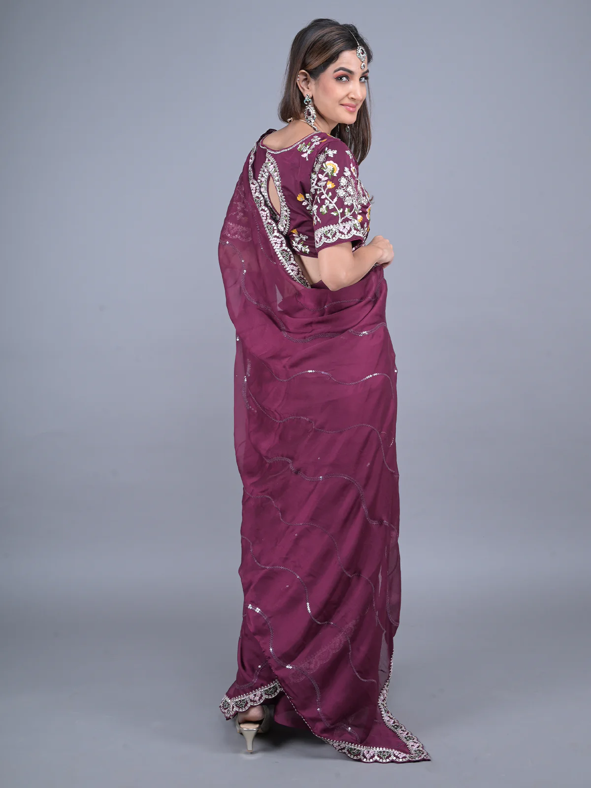 Odette Purple Embroidered Satin Rangoli Saree with Unstitched Blouse for Women - Image 3