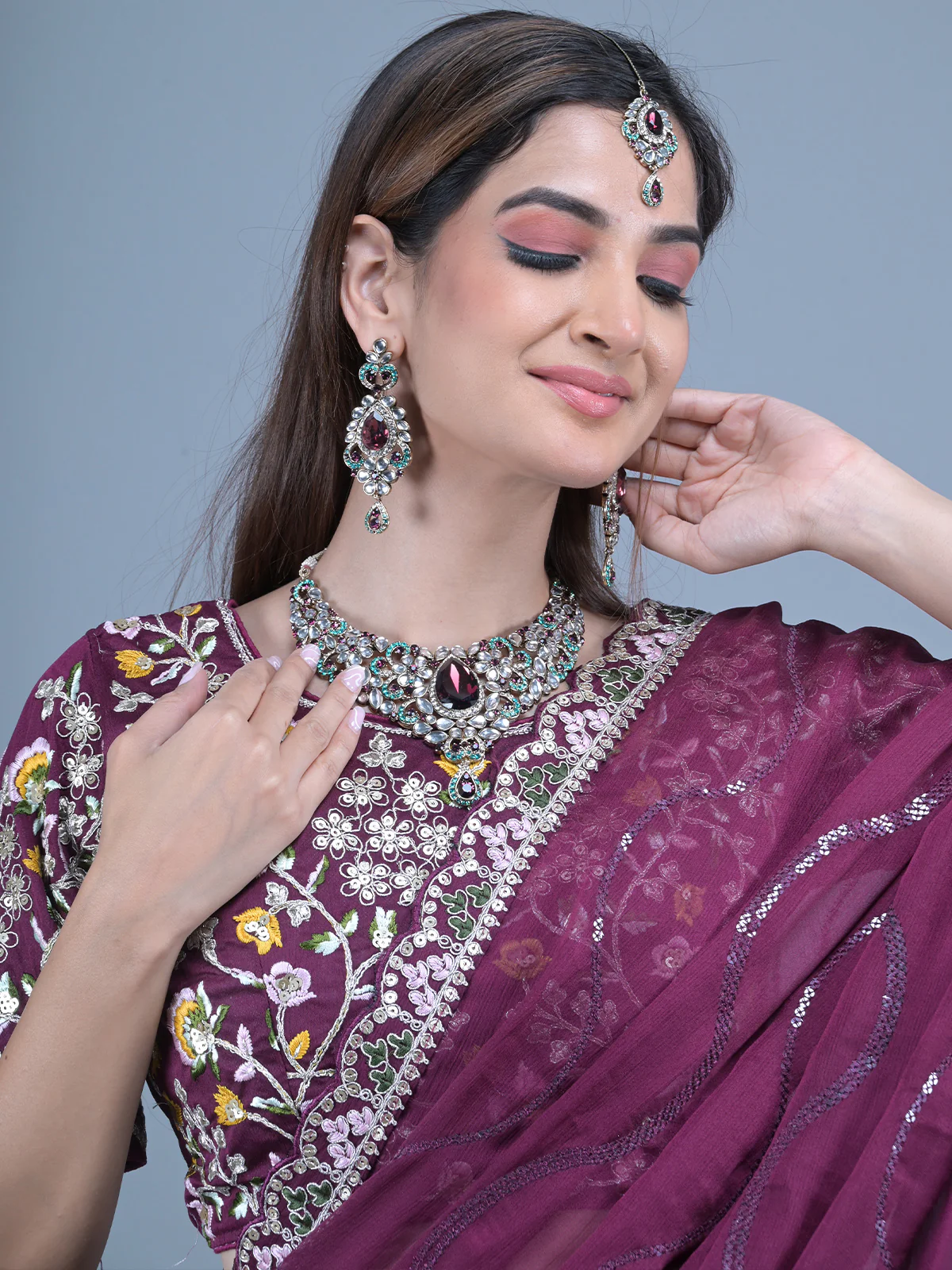 Odette Purple Embroidered Satin Rangoli Saree with Unstitched Blouse for Women - Image 4