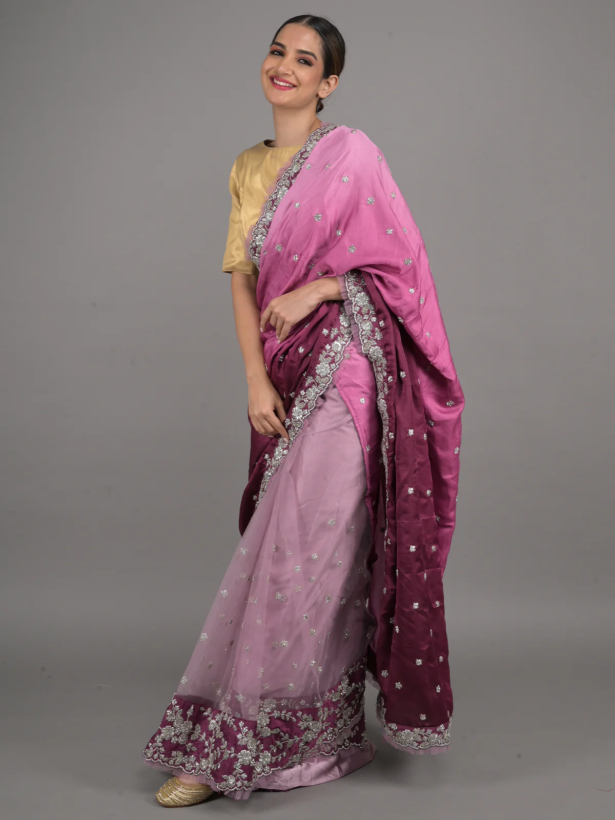 Odette Purple Embroidered Satin Saree with Unstitched Blouse for Women - Image 2