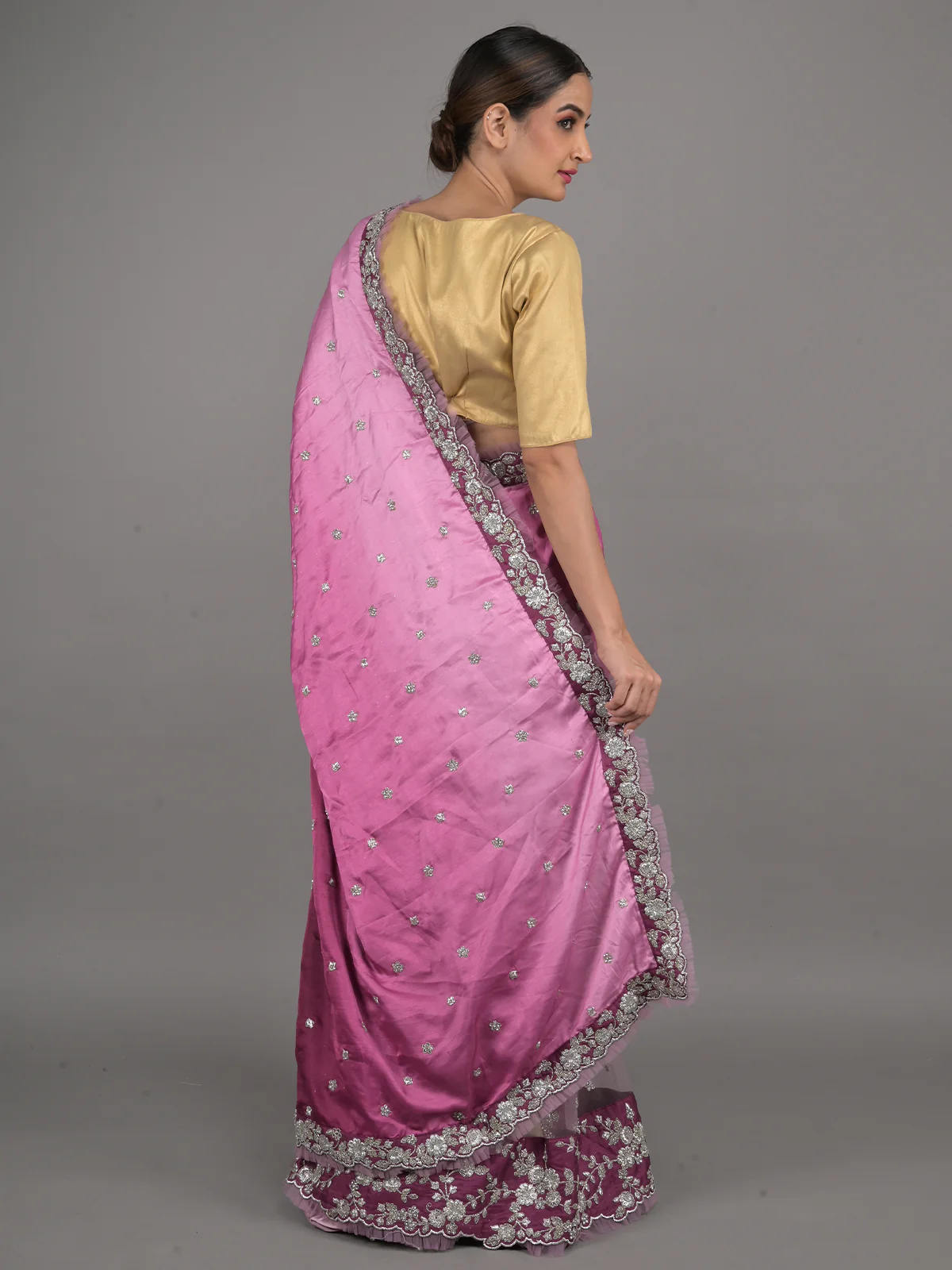 Odette Purple Embroidered Satin Saree with Unstitched Blouse for Women - Image 3