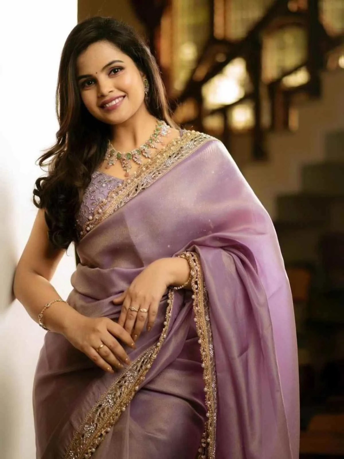 Odette Purple Embroidered Tissue Silk Saree With unstitched Blouse For Women - Image 2