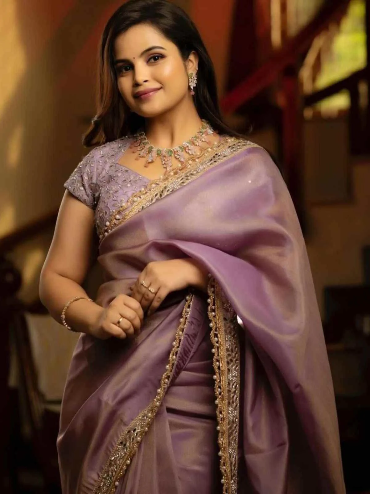 Odette Purple Embroidered Tissue Silk Saree With unstitched Blouse For Women - Image 3