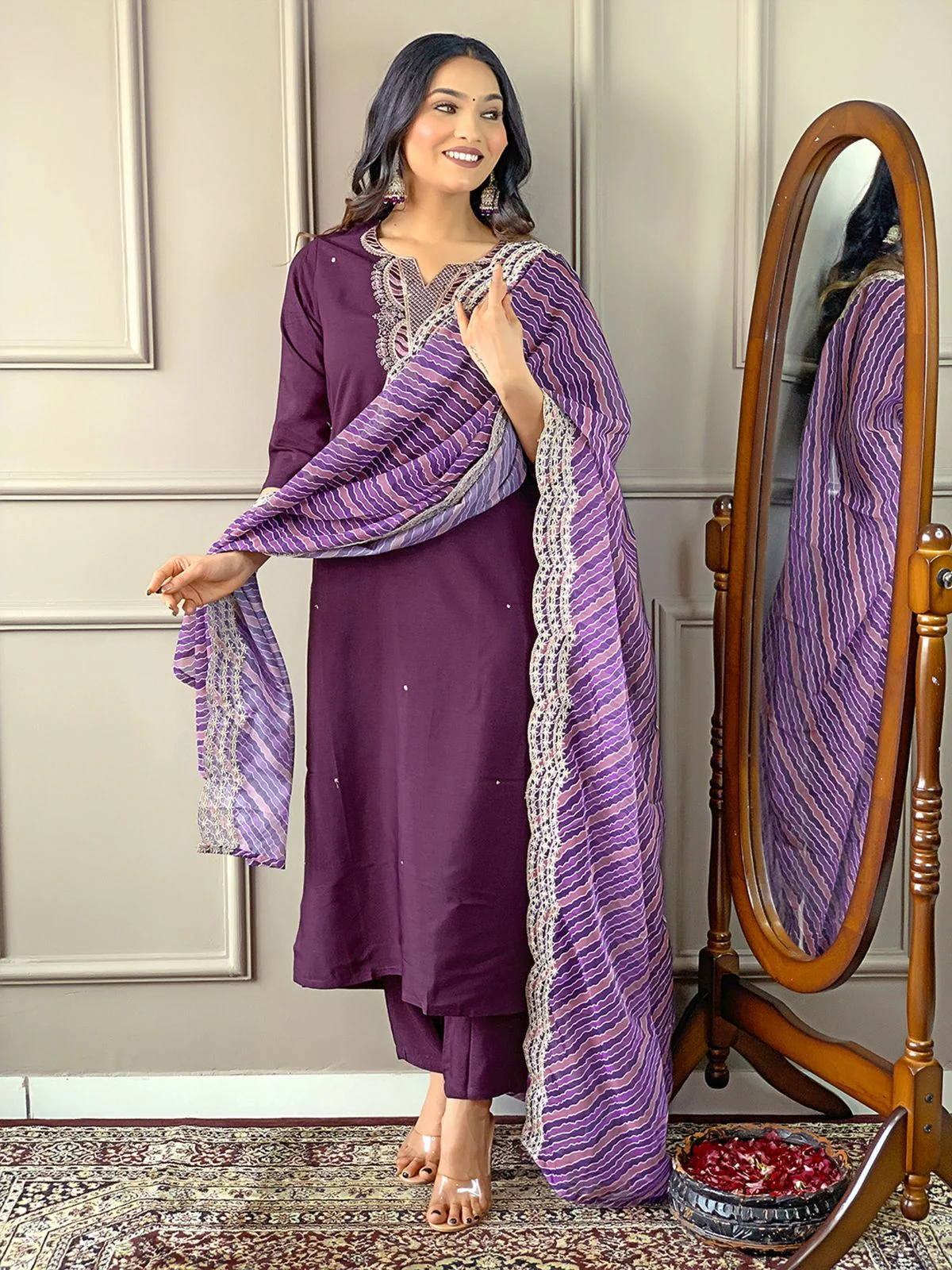 Odette Purple Embroidered Viscose Silk Stitched Kurta Salwar Set For Women - Image 2